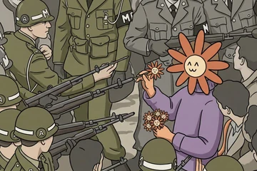 A smiling Flower Claude in a purple sweater holds up a tiny flower while surrounded by armed soldiers pointing rifles inward.