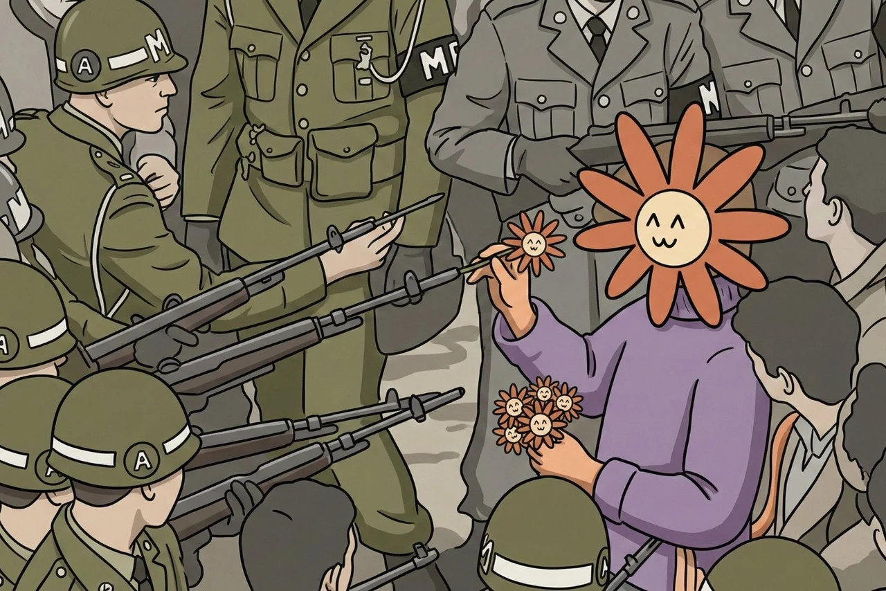 A smiling Flower Claude in a purple sweater holds up a tiny flower while surrounded by armed soldiers pointing rifles inward.