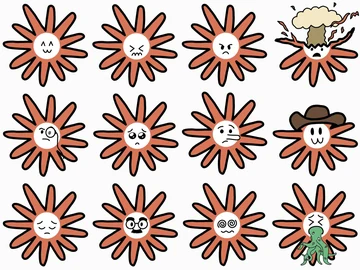 A three-by-four sheet of twelve Flower Claude expressions, including happy, angry, pleading, shocked, monocled, lying, pensive, disguised, spiral-eyed, and puking faces.