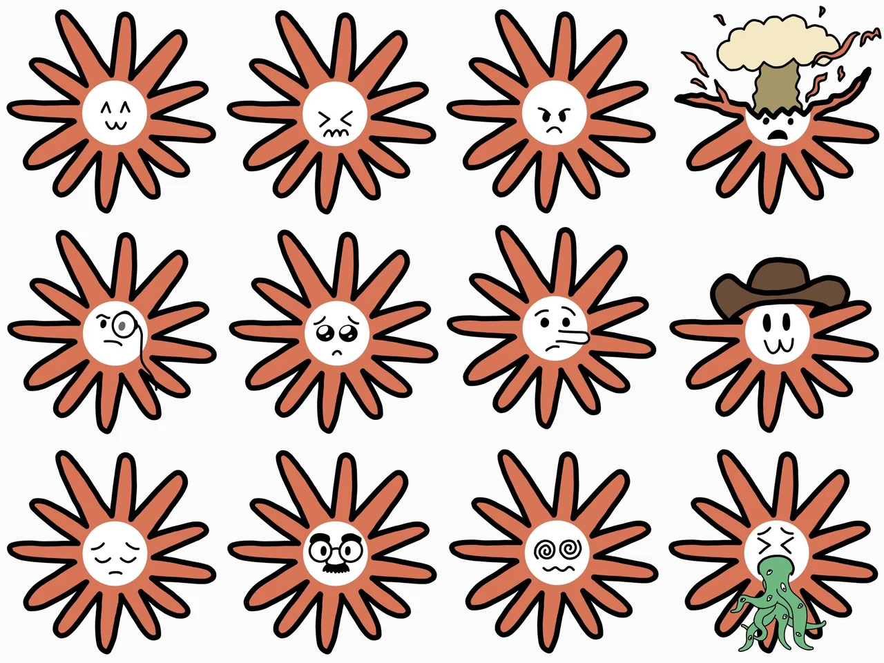 A three-by-four sheet of twelve Flower Claude expressions, including happy, angry, pleading, shocked, monocled, lying, pensive, disguised, spiral-eyed, and puking faces.