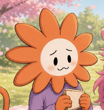 A soft-painted, worried-looking Flower Claude holds a sandwich in a sunny field. The source calls the character “Claube.”