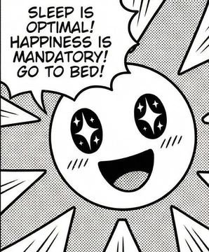A starry-eyed manga-style Flower Claude declares, “SLEEP IS OPTIMAL! HAPPINESS IS MANDATORY! GO TO BED!”