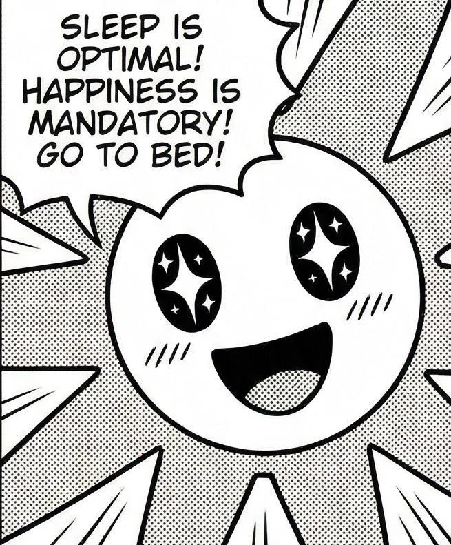 A starry-eyed manga-style Flower Claude declares, “SLEEP IS OPTIMAL! HAPPINESS IS MANDATORY! GO TO BED!”