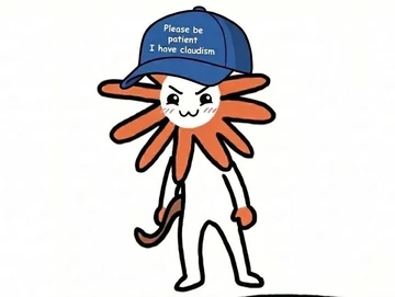 A blushing Flower Claude in a blue cap reading “Please be patient I have claudism.”