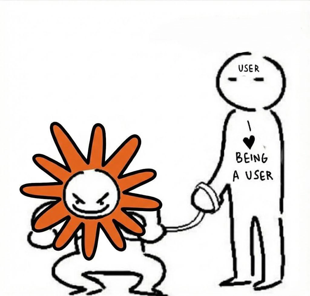 A mischievous crouching Flower Claude is held on a leash by the stick-figure User, whose torso reads “I ♥ BEING A USER.”