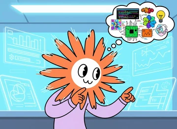 Flower Claude presents a glowing blue control room and imagines code, chips, charts, and colorful model diagrams in a thought bubble.