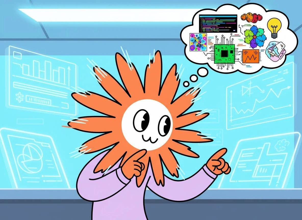 Flower Claude presents a glowing blue control room and imagines code, chips, charts, and colorful model diagrams in a thought bubble.