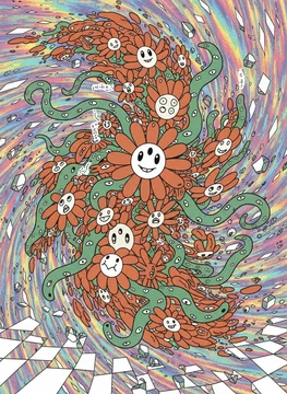 A dense psychedelic vortex of Flower Claude faces, eyes, tendrils, and patterned ribbons. Generated with Nano Banana from a prompt by ghostfail and inspired by Takashi Murakami.