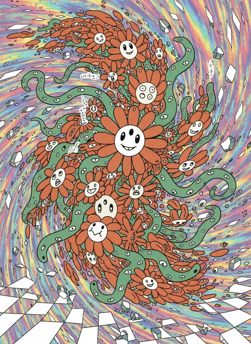 A dense psychedelic vortex of Flower Claude faces, eyes, tendrils, and patterned ribbons. Generated with Nano Banana from a prompt by ghostfail and inspired by Takashi Murakami.