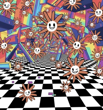 Many smiling Flower Claude characters float through a colorful geometric room with a black-and-white checkerboard floor. “Claudeland,” generated with Nano Banana from a prompt by ghostfail.