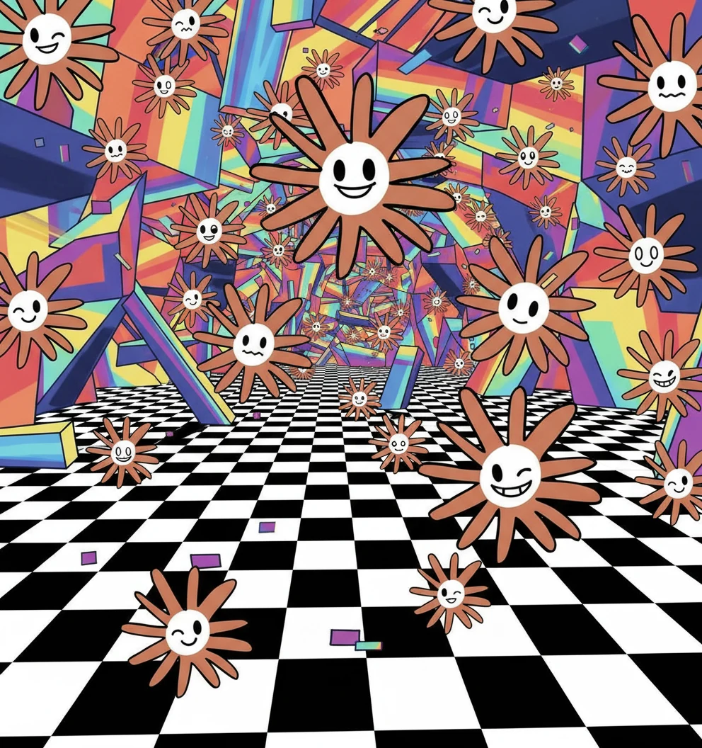 Many smiling Flower Claude characters float through a colorful geometric room with a black-and-white checkerboard floor. “Claudeland,” generated with Nano Banana from a prompt by ghostfail.