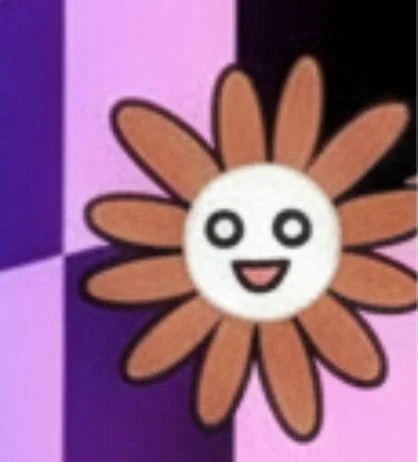 A low-resolution Flower Claude face with wide round eyes and an open smile against a purple background.