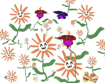 A decorative pattern of smiling Flower Claude blossoms growing on green stems among small purple flying creatures.