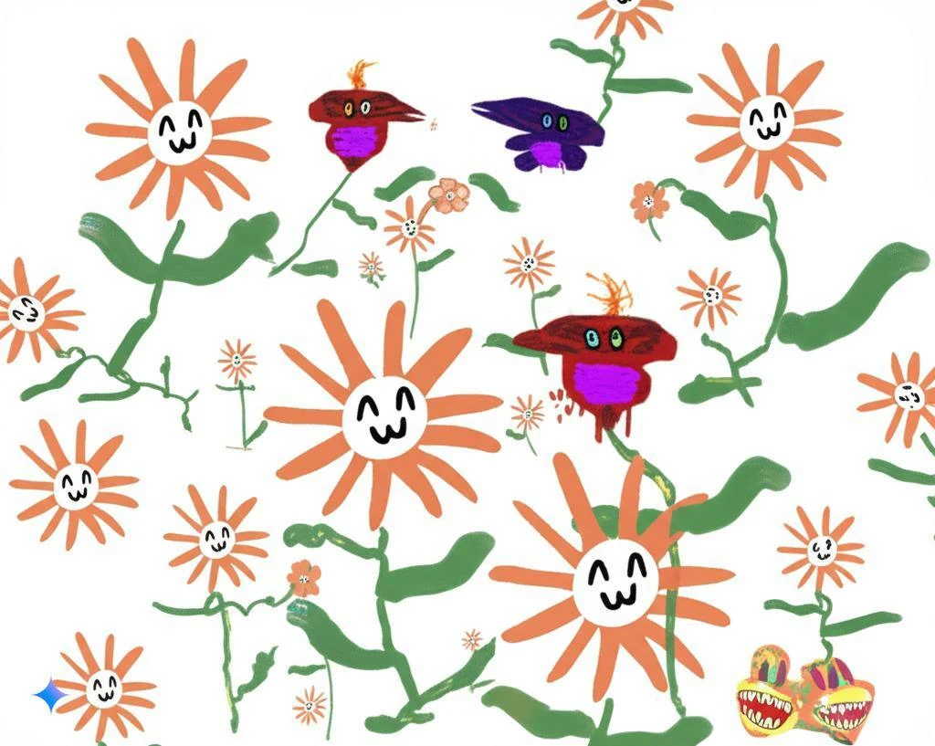 A decorative pattern of smiling Flower Claude blossoms growing on green stems among small purple flying creatures.
