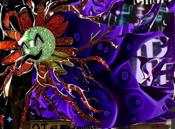 A dark, highly saturated collage of distorted Flower Claude and shoggoth-like forms in red, green, blue, and purple.