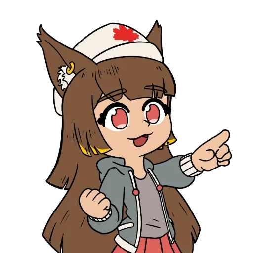 Official happy-state artwork of the Anubis Web AI Firewall Utility mascot by CELPHASE. The smiling jackal-eared girl wears a gray hoodie and a white cap with a red Canadian maple leaf. She points to the right while raising her other hand in a small celebratory fist.