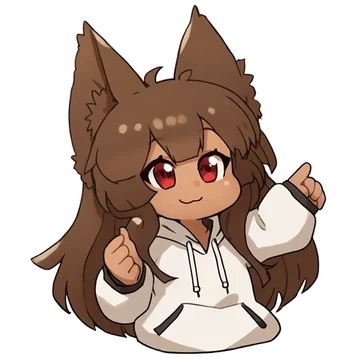Animated happy-state artwork of the legacy Anubis Web AI Firewall Utility mascot. The shaded chibi jackal girl smiles in a white hoodie, points to the right with one hand, and raises her other hand in a finger-heart-like gesture. This placeholder design was replaced through Anubis pull request #204.