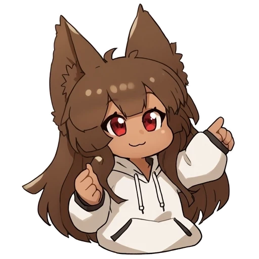 Animated happy-state artwork of the legacy Anubis Web AI Firewall Utility mascot. The shaded chibi jackal girl smiles in a white hoodie, points to the right with one hand, and raises her other hand in a finger-heart-like gesture. This placeholder design was replaced through Anubis pull request #204.