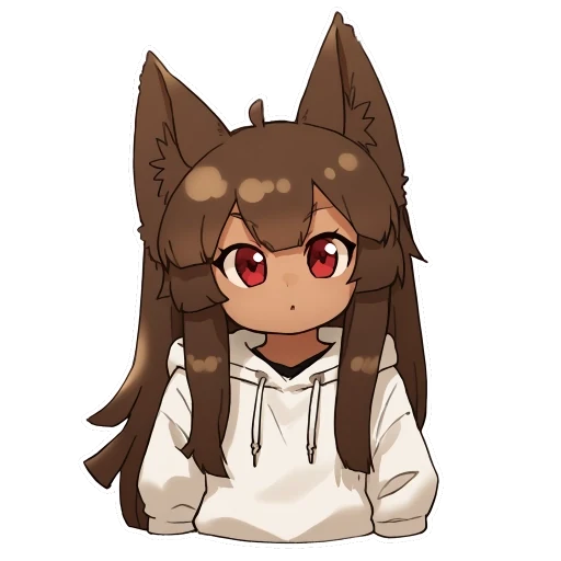 Pensive-state artwork of the legacy Anubis Web AI Firewall Utility mascot. The shaded chibi jackal girl faces forward in a white hoodie with a small, neutral mouth and attentive red eyes. This placeholder design was replaced through Anubis pull request #204.