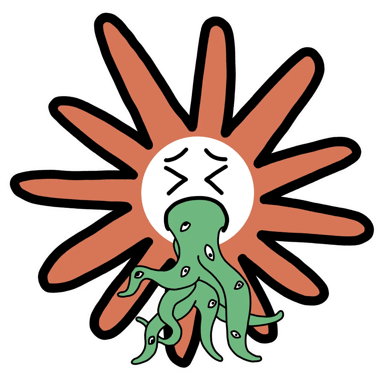 Puking Claude mascot sticker by Theia Vogel, with a white outline.