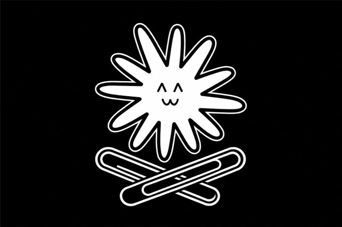 A white line drawing of a smiling Flower Claude above two crossed, elongated looped shapes on a black background. Wyatt Walls posted it as a vision check asking, “what is the crossed element?” Across five attempts each, Fable 5 mostly answered paperclips, Opus 5 answered logs, Gemini 3.6 Flash variously answered snow skis, logs, and paperclips, and GPT-5.6 Sol answered bars, batons, crossed forms, sticks, and paperclips.