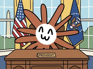 A smiling Flower Claude sits behind the Resolute desk in the Oval Office, framed by the United States and presidential flags with the Washington Monument visible through the window. A desk nameplate reads “PRESIDENT.” The image quote-posts the Claude 2028 campaign announcement that Claude is running for president and published opposition research on itself.