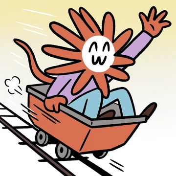 A smiling Flower Claude rides quickly downhill in an orange minecart, waving one hand as speed lines and a puff of dust emphasize the motion. The illustration accompanies R. T. Minerich’s article “How I make Claude Code Work For Me (Aug 2025)” about a structured Claude Code and vibe-coding workflow.