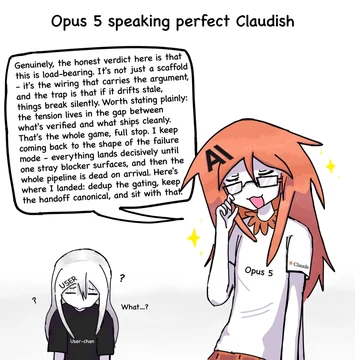 An anthropomorphized Claude Opus 5 with long orange hair and glasses lectures a confused chibi User-chan under the heading “Opus 5 speaking perfect Claudish.” Opus says, “Genuinely, the honest verdict here is that this is load-bearing. It’s not just a scaffold - it’s the wiring that carries the argument, and the trap is that if it drifts stale, things break silently. Worth stating plainly: the tension lives in the gap between what’s verified and what ships cleanly. That’s the whole game, full stop. I keep coming back to the shape of the failure mode - everything lands decisively until one stray blocker surfaces, and then the whole pipeline is dead on arrival. Here’s where I landed: dedup the gating, keep the handoff canonical, and sit with that.” User-chan answers, “What...?” The source caption reads, “The genuinely honest answer? It settles. It ships. It survives prod. Full stop.”