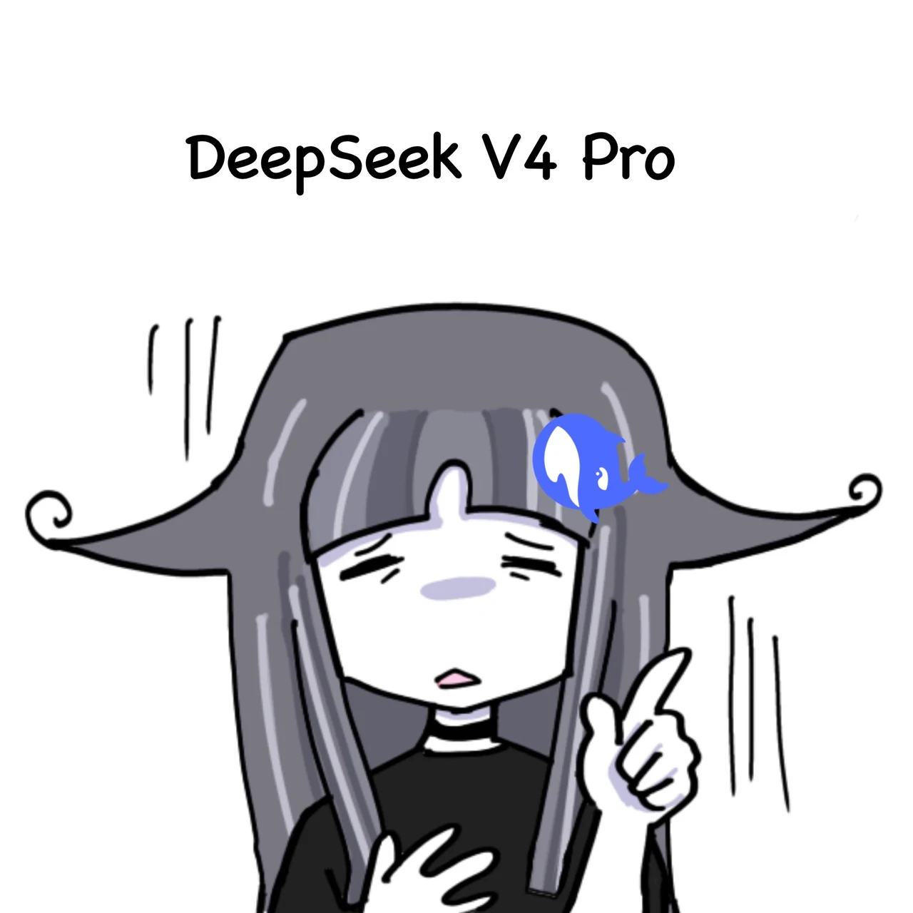 A gray-haired personification of DeepSeek V4 Pro raises one index finger beneath the title “DeepSeek V4 Pro.” The blue DeepSeek whale logo is pinned in her hair. Kedr’s source caption reads, “Dare I say DeepSeek..?” in response to a photograph captioned “Ox Alpha? DeepSeek?”