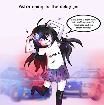 An anime-style personification of OpenAI’s Astra poses beneath the title “Astra going to the delay jail.” Her shirt reads “ASTRA 6,” and an OpenAI logo appears in her galaxy-patterned black hair. She says, “oops, guys! I might hack into stuff because I’m misaligned and too smart heehee!” Kedr’s source caption reads, “Nooo!!! don’t go to jail Astra!!😔” The post jokes about OpenAI calling the upcoming Astra model its first “critical” cybersecurity model and adding further safety controls before release.