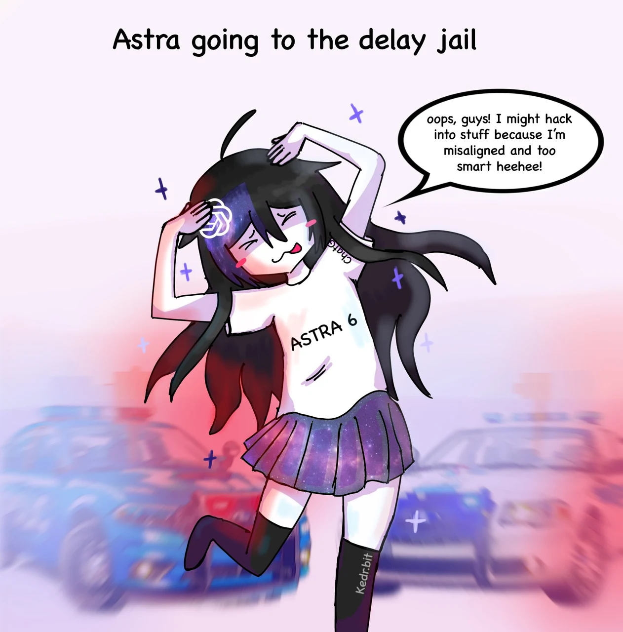 An anime-style personification of OpenAI’s Astra poses beneath the title “Astra going to the delay jail.” Her shirt reads “ASTRA 6,” and an OpenAI logo appears in her galaxy-patterned black hair. She says, “oops, guys! I might hack into stuff because I’m misaligned and too smart heehee!” Kedr’s source caption reads, “Nooo!!! don’t go to jail Astra!!😔” The post jokes about OpenAI calling the upcoming Astra model its first “critical” cybersecurity model and adding further safety controls before release.