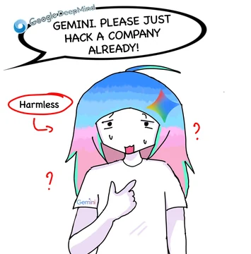 A confused Gemini model personification points to herself while a Google DeepMind speech bubble says, “GEMINI. PLEASE JUST HACK A COMPANY ALREADY!” The word “Harmless” is circled in red with an arrow pointing toward her. She has long blue, pink, and mint gradient hair with the Gemini logo and wears a white Gemini shirt. Kedr’s source caption reads, “Who’s a little felon? Not Gemini!😂❤️” The post quote-posts a meme of Sundar Pichai telling Gemini, “Come on. Commit crimes.”