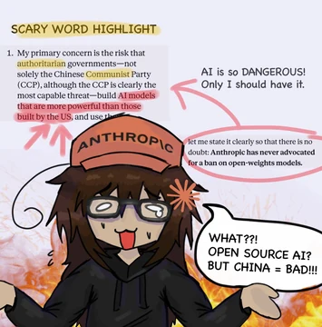 A bespectacled personification of Anthropic shrugs in an Anthropic cap and black hoodie beneath the heading “SCARY WORD HIGHLIGHT.” Highlighted excerpts from Anthropic’s open-weights statement warn that authoritarian governments could build models more powerful than those made in the United States, while also saying, “Anthropic has never advocated for a ban on open-weights models.” Added commentary reads, “AI is so DANGEROUS! Only I should have it,” and the character says, “WHAT??! OPEN SOURCE AI? BUT CHINA = BAD!!!” Kedr’s source caption reads, “Oh please remove all the competition!” and quote-posts Anthropic’s position on open-weights models.