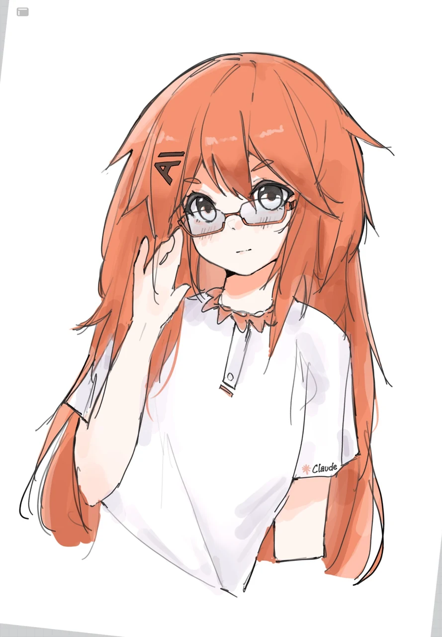 A clean anime-style portrait of Claude-chan with long orange hair and rectangular glasses. She raises one hand to adjust her glasses and wears a white collared shirt with the Claude logo on its sleeve. aspirin_ writes, “claude-chan always confuses me with claudish xo,” while quote-posting Kedr’s comic about Claude Opus 5 speaking exaggerated Claudlish.