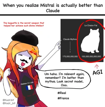 A Kedr meme claims, “When you realize Mistral is actually better than Claude.” An orange-haired Mistral Medium 3.5 128B personification wears a black beret and a French tricolor shirt, carries a baguette, has a drawn-on moustache, and points at a chart comparing “Claude Mythos” at 175,000,000,000 with “Le Chaton Fat” at 100,000,000,000,000. Red text calls the baguette “the secret weapon that helped her achieve such divine intellect.” She says, “Um haha. I’m relevant again, remember? I’m better than mythos. Look secret model.. Ooo..” Kedr’s source caption reads, “WELCOME TO MISTRAL BROTHER.”