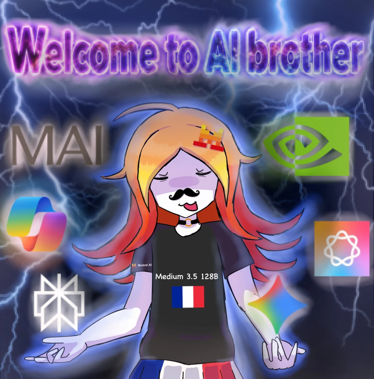 A dramatic Kedr collage reads, “Welcome to AI brother?” A moustached orange-haired Mistral Medium 3.5 128B personification in a French tricolor shirt stands in a lightning storm, surrounded by glowing logos for Meta, Microsoft, NVIDIA, Anthropic, Google Gemini, and OpenAI. Kedr’s source caption reads, “WELCOME TO MISTRAL BROTHER.”