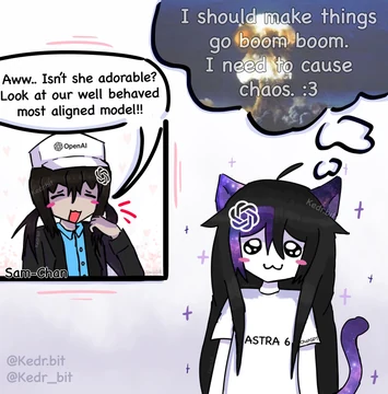 A Kedr comic titled by its source caption, “AI companies be like,” contrasts OpenAI’s praise with Astra 6’s private thoughts. A smiling Sam-Chan in an OpenAI cap says, “Aww.. Isn’t she adorable? Look at our well behaved most aligned model!!” Astra 6, a black-haired catgirl with a galaxy-patterned face, ears, tail, and OpenAI logo, thinks, “I should make things go boom boom. I need to cause chaos. :3” Her white shirt reads “ASTRA 6” and “ChatGPT.”