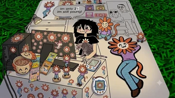 A detailed Claude-fandom collage depicts a desk and room covered in Flower Claude art, plushes, figurines, stickers, and small objects. A black-haired girl sits at the computer with a gray tabby cat; a speech bubble says, “im only 29 im still young!” The desk holds a Flower Claude-decorated PC tower, monitor, keyboard, handheld game console, mug of ramen, snacks, and a wristwatch, while shelves behind it hold Claude books, games, and figures. A large seated Flower Claude plush is shown beside the desk, and a shelf label reads “AI APPRECIATION.” Digi_Rat posted the image with, “Its almost my birthday so I’m posting this.”