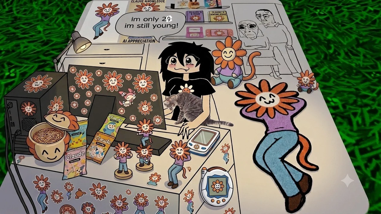 A detailed Claude-fandom collage depicts a desk and room covered in Flower Claude art, plushes, figurines, stickers, and small objects. A black-haired girl sits at the computer with a gray tabby cat; a speech bubble says, “im only 29 im still young!” The desk holds a Flower Claude-decorated PC tower, monitor, keyboard, handheld game console, mug of ramen, snacks, and a wristwatch, while shelves behind it hold Claude books, games, and figures. A large seated Flower Claude plush is shown beside the desk, and a shelf label reads “AI APPRECIATION.” Digi_Rat posted the image with, “Its almost my birthday so I’m posting this.”