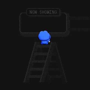 A short animated title card for Astra by Fandu. A small blue pixel-art mascot walks through a dark, dotted terminal-like scene toward a large sign reading “NOW SHOWING.” The sign’s title resolves letter by letter to “ASTRA,” then brightens while the blue mascot appears at the lower right with a terminal prompt symbol on its face and chest. The source post is captioned “ASTRA by ASTRA.”