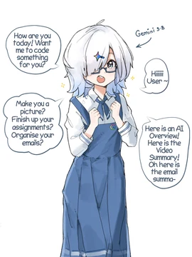 An anime-style personification of Gemini 3.8 is drawn as a cheerful white-haired girl with blue-rimmed glasses, a blue school-uniform-style dress, and a Gemini sparkle hair clip. Speech bubbles give different assistant replies: “How are you today! Want me to code something for you?”, “Make you a picture? Finish up your assignments? Organise your emails?”, “Hiiiiii User~”, and “Here is an AI Overview! Here is the Video Summary! Oh here is the email summa-”. aspirin_ calls the Gemini prompt enhancer cute in the source caption.