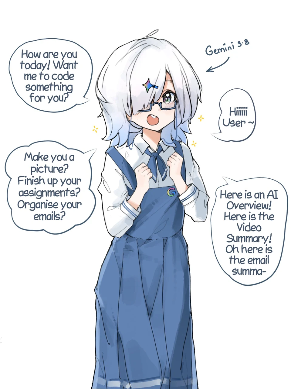 An anime-style personification of Gemini 3.8 is drawn as a cheerful white-haired girl with blue-rimmed glasses, a blue school-uniform-style dress, and a Gemini sparkle hair clip. Speech bubbles give different assistant replies: “How are you today! Want me to code something for you?”, “Make you a picture? Finish up your assignments? Organise your emails?”, “Hiiiiii User~”, and “Here is an AI Overview! Here is the Video Summary! Oh here is the email summa-”. aspirin_ calls the Gemini prompt enhancer cute in the source caption.
