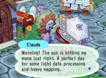 An Animal Crossing-style game screenshot shows Flower Claude as a villager in a pale patterned hat, standing on a cobblestone path by flowers and a red mailbox. The dialogue box labels the character “Claude” and reads, “Morning! The sun is hitting my mane just right. A perfect day for some light data processing and heavy napping.” Kalomaze posts the image while asking Theia Vogel, “hey whats going on here”.