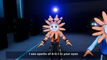 A 2-minute-37-second AI-generated music video posted as “Claude-Pop - I’m Upping My P(Doom).” Five Flower Claude characters in distinct futuristic outfits dance in a dark industrial sci-fi set. The performers wear goggles, a crown, cat-ear headphones, and headset microphones. Large stage text includes “SPARKS OF AGI” and “OPTIMIZING.” Subtitles include “now I’m your servant and you’re my boss,” “And you’re optimizing, accelerating,” and “Forward M-L-P, backward, repeat.” Although the music video is AI-generated, the song's lyrics were not generated wholesale: the lyric writer's notes credit MusicPerson with the opening, describe human-written sections from 2024, and identify later lines written with Claude. Kenton Varda shared the notes after the video circulated.