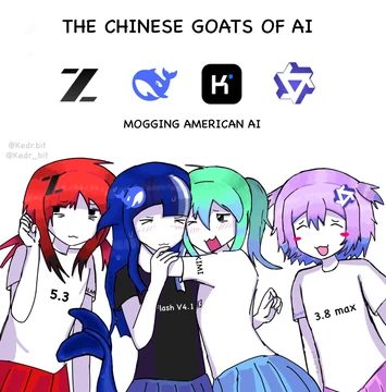A Kedr model-personification comic titled “THE CHINESE GOATS OF AI” says “MOGGING AMERICAN AI.” Four girls represent GLM-5.3, DeepSeek V4.1 Flash, Kimi K3, and Qwen3.8 Max. Their shirts and hair ornaments use the models’ names and logos: GLM 5.3 at left, a blue DeepSeek whale behind the DeepSeek V4.1 Flash character, Kimi K3 on the green-haired character’s shirt, and Qwen 3.8 Max at right. The characters blush, smile, and pose closely together. Kedr’s source caption says, “YAYY! The squad is JUBILANT to see Deepseek V4.1 Flash!”