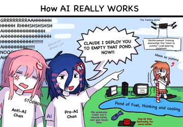 A Kedr comic titled “How AI REALLY WORKS” contrasts Anti-AI Chan and Pro-AI Chan. The pink-haired Anti-AI Chan shouts “STOPPPPP” and wordless screams, while the blue-haired Pro-AI Chan points toward a pond and orders, “CLAUDE I DEPLOY YOU TO EMPTY THAT POND. NOW!!” A small orange-haired Claude is shown beside equipment labeled “Optimizing” and “Maximizing Token Output,” with an attention layer leading into a “Pond of fuel, thinking and cooling.” She says, “Mmm so yummy.” A training drone reports “Reinforcement training: downvoted this “mmm so yummy” load-bearing statement,” while an annotated fish moves toward a button labeled “Stop AI from Destroying the world.” Kedr’s source caption says, “This is how it works. 1000% accuracy.”
