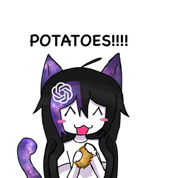 A Kedr chibi portrait of Astra 6 holding a Minecraft potato beneath the large text “POTATOES!!!!” Astra has galaxy-patterned black hair, purple cat ears and tail, a white OpenAI logo hair ornament, closed smiling eyes, and blushing cheeks. Kedr’s source caption is “Potatoes!” and quote-posts the earlier Astra 6 Minecraft comic about mistaking sugar cane for a Creeper.