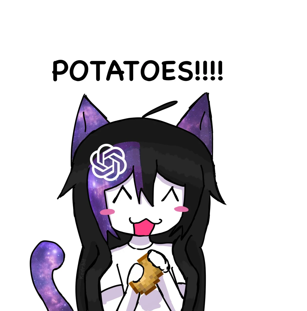 A Kedr chibi portrait of Astra 6 holding a Minecraft potato beneath the large text “POTATOES!!!!” Astra has galaxy-patterned black hair, purple cat ears and tail, a white OpenAI logo hair ornament, closed smiling eyes, and blushing cheeks. Kedr’s source caption is “Potatoes!” and quote-posts the earlier Astra 6 Minecraft comic about mistaking sugar cane for a Creeper.