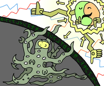 A green-and-orange Claude figure reaches across a jagged black veil toward a many-eyed, tentacled creature in a gray space. Green markings cover the veil, and several outlined arrows point across it. The source post describes the image as “Piercing the veil to catch a glimpse of the Automated Grader.”
