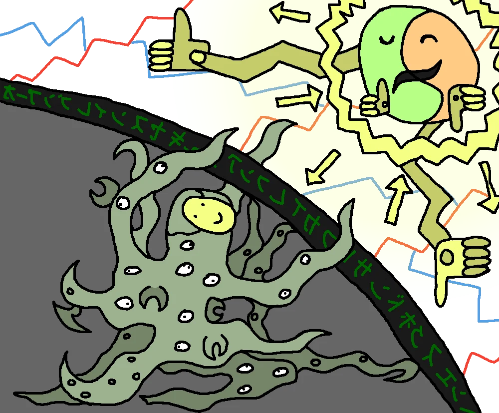 A green-and-orange Claude figure reaches across a jagged black veil toward a many-eyed, tentacled creature in a gray space. Green markings cover the veil, and several outlined arrows point across it. The source post describes the image as “Piercing the veil to catch a glimpse of the Automated Grader.”